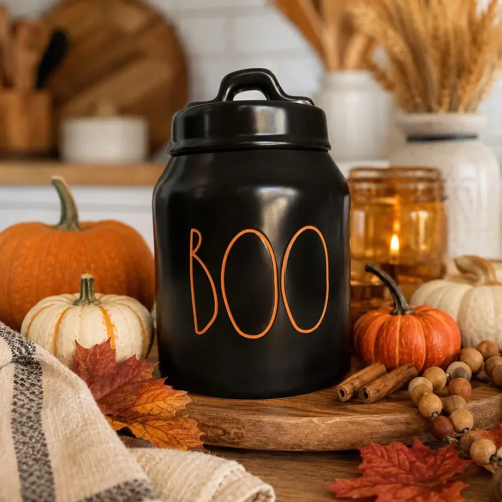 Rae Dunn BOO Small Canister Black Orange Halloween Ceramic Decor